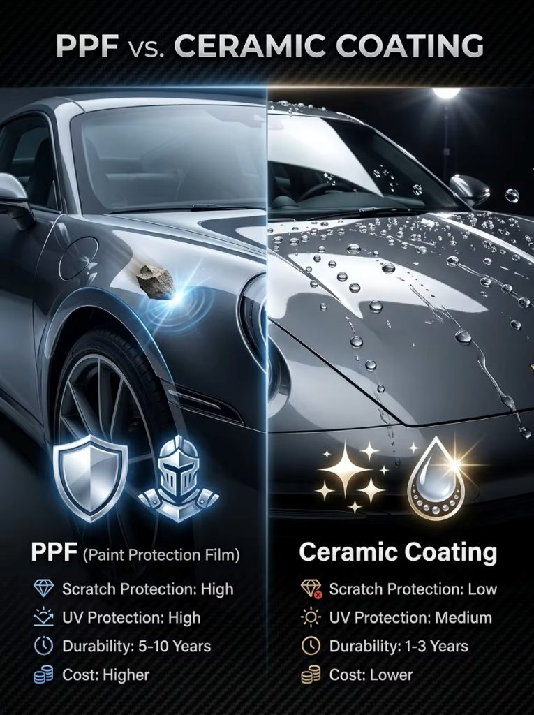 MOTJ paint protection film vs ceramic coating comparison chart, compare scratch resistance, UV protection and durability