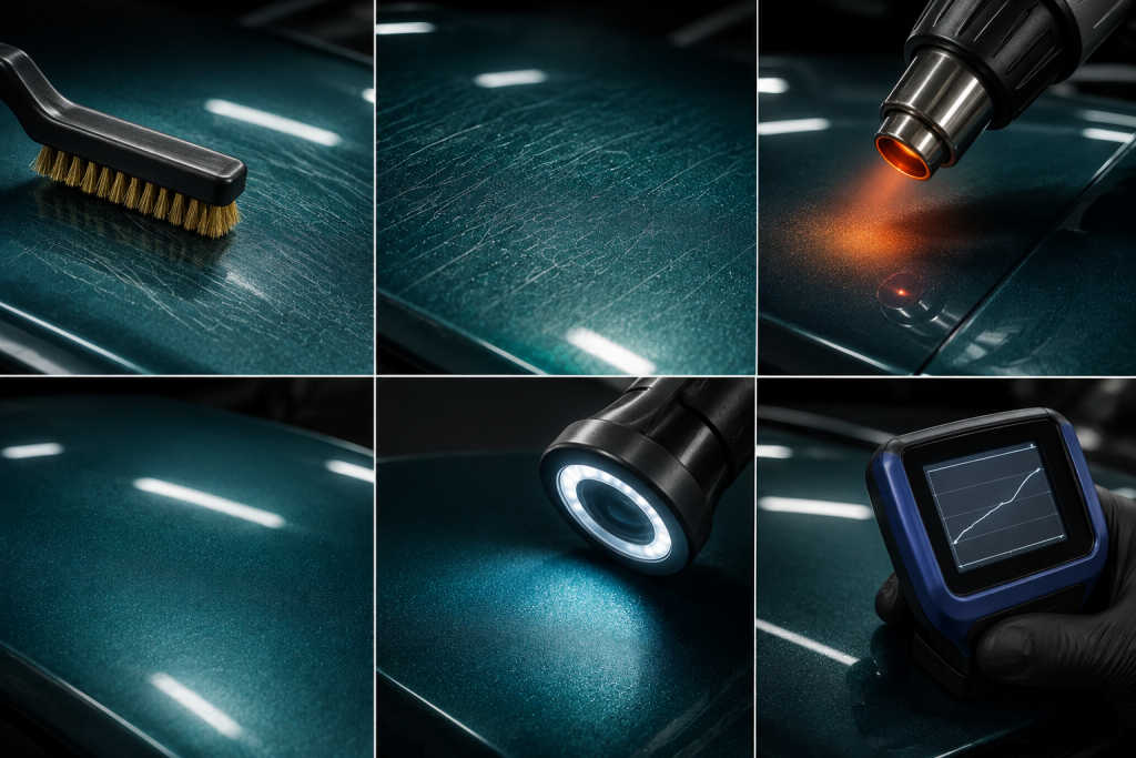 self‑healing TPU PPF repair steps on car paint, heat gun activate self‑healing function, surface inspection and thickness test